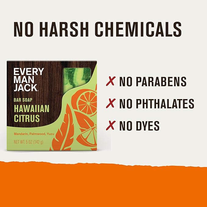 Every Man Jack Cold Processed Mens Bar Soap - Hawaiian Citrus Scent - Deeply Cleans & Hydrates w/Naturally Derived Ingredients - (3 Pack)