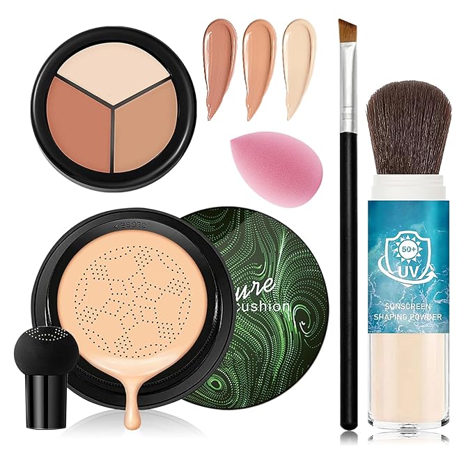 Natural Mushroom Head Air Cushion CC Cream & Loose Setting Face Powder Set,3-Color Concealer Palette with Makeup Sponge & Makeup Brush