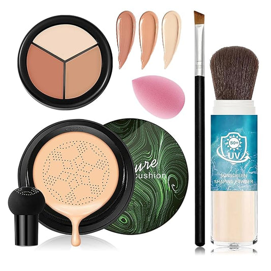 Natural Mushroom Head Air Cushion CC Cream & Loose Setting Face Powder Set,3-Color Concealer Palette with Makeup Sponge & Makeup Brush