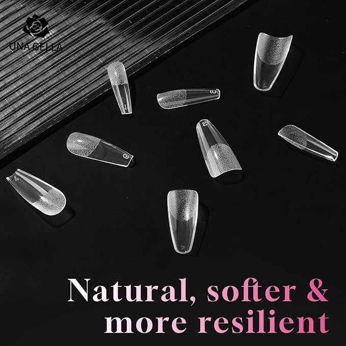 UNA GELLA Long Coffin Nail Tips, 312Pcs Gel Nails Tips Coffin Pre-Shape, Half Matte Full Cover Clear False Fake Nails for Nail Extension DIY Art Salon 12 Sizes