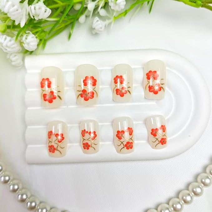White Press on Nails Medium Square Fake Nails with Flower Designs Spring Nails Press ons Summer Acrylic Nails for Women 24Pcs