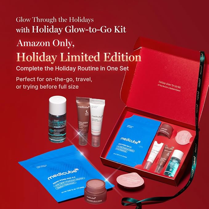 medicube Essentials Holiday Kit | 6-in-1 Mini Skincare Gift Set | Amazon Exclusive Trial Sizes for Radiant Skin | Travel Kit & Stocking Stuffers with Cleansing Oil, Toner Pads, Serum, Cream & Mask
