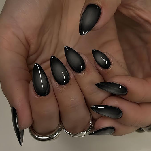 KQueenest Press On Nails Almond - Ombre White Black Press On Nails Medium Length, French Dark Fake Nails with Nail Glue, Reusable Soft Gel Gradient Black Glue On Nails for Women Decoration, 24 Pcs