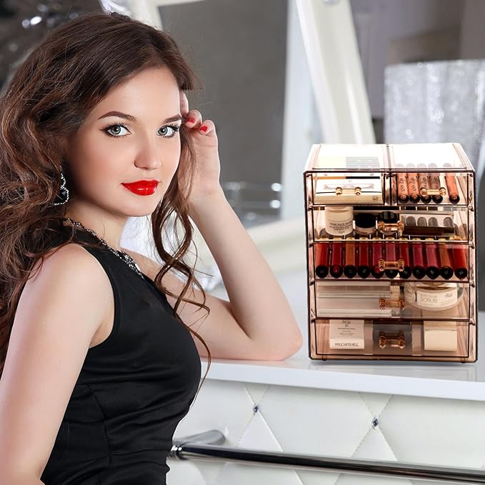 Sorbus Acrylic Clear Makeup Organizer - Big & Spacious Cosmetic Display Case - Stylish Designed Jewelry & Make Up Organizers and Storage for Vanity, Bathroom (4 Large, 2 Small Drawers) [Bronze Glow]
