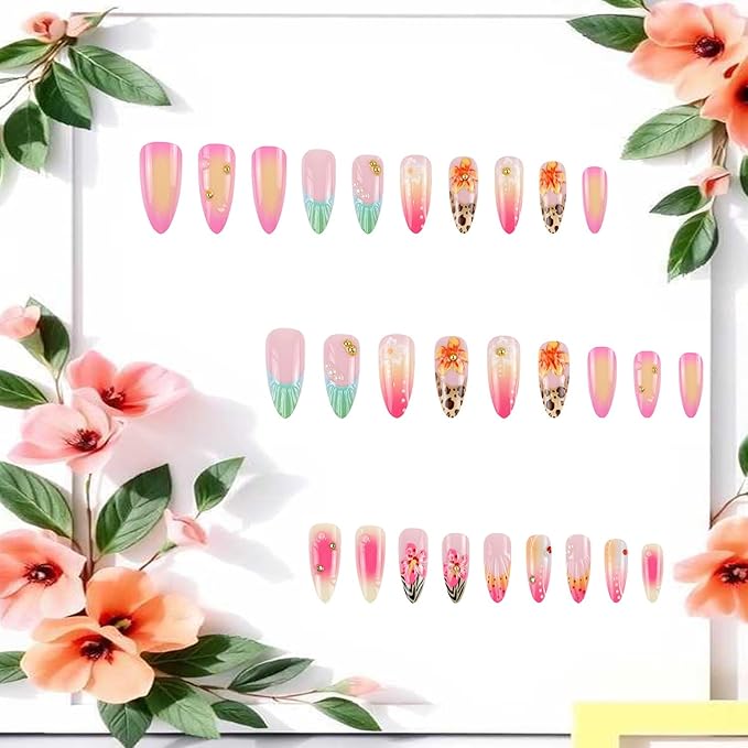 3D Acrylic False Nail French Tip Press on Nails Short Almond Flower Pearl Pattern Design Colorful Smudge Artificial Fingernails Press Ons Artificial Stick on Nails for Women 24Pcs