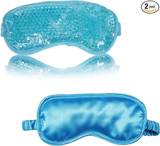 Silk Eye Mask (2packs) for Sleeping, Cooling and Heated Eye Mask, Adjustable Eyeshade Mask Satin Night Travel Gift for Women Men (1silk Eyes Blue mask +1hot&Cold Blue Eyes mask)