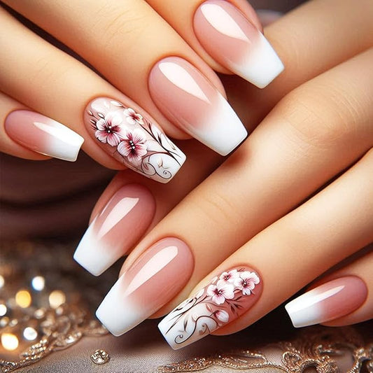 24Pcs Flower Press on Nails White Gradient Acrylic Full Cover Fake Nails Plum Blossom Gel Glue on Fingernails Glossy Pink Ombre Medium Coffin False Nail Curve Stick on Nail for Holiday Manicure Art