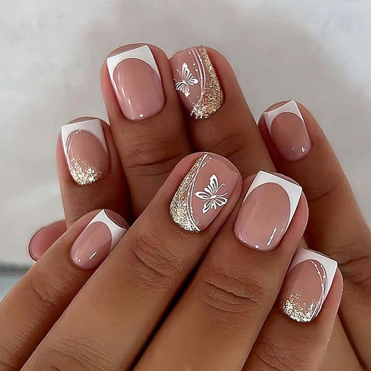 Short French Tip Press on Nails with Flower Design Glitter Full Cover Nails Cute Acrylic Nails for Women and Girls 24pcs