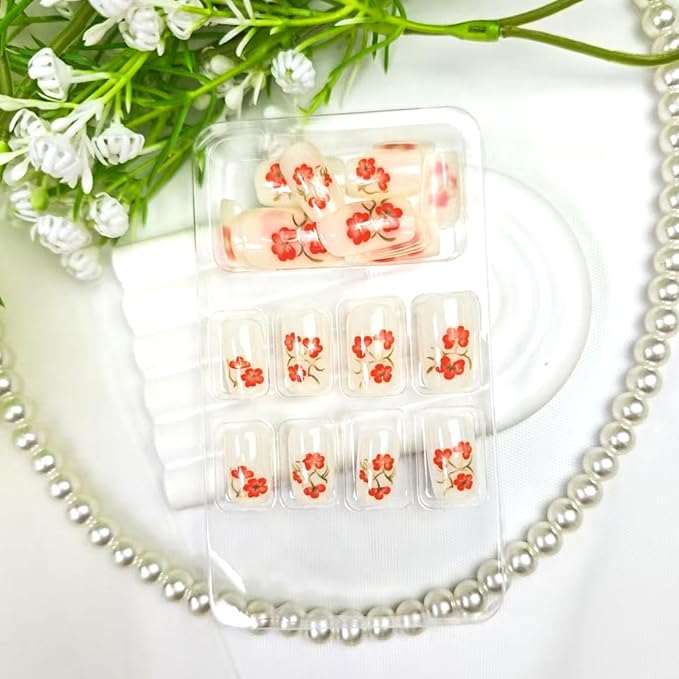 White Press on Nails Medium Square Fake Nails with Flower Designs Spring Nails Press ons Summer Acrylic Nails for Women 24Pcs