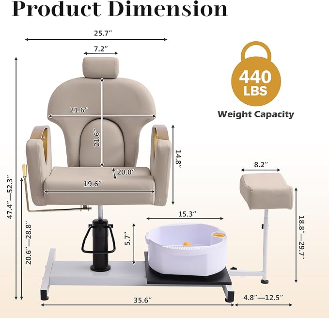 Pedicure Station No Plumbing, Hydraulic Pedicure Chair for Nail Tech, Height Adjustable Reclining Pedicure Station Unit, 360 Degree Swivel Foot Spa Chair with Massage Foot Bath (Grey-Golden)