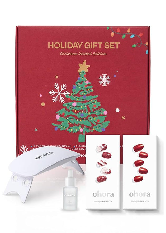 ohora Semi Cured Gel Nail Strips ([2025 Christmas Set] N Santa Cane & N Red Chrome) - Works with Any Lamps, Salon-Quality, Long Lasting, Easy to Apply & Remove