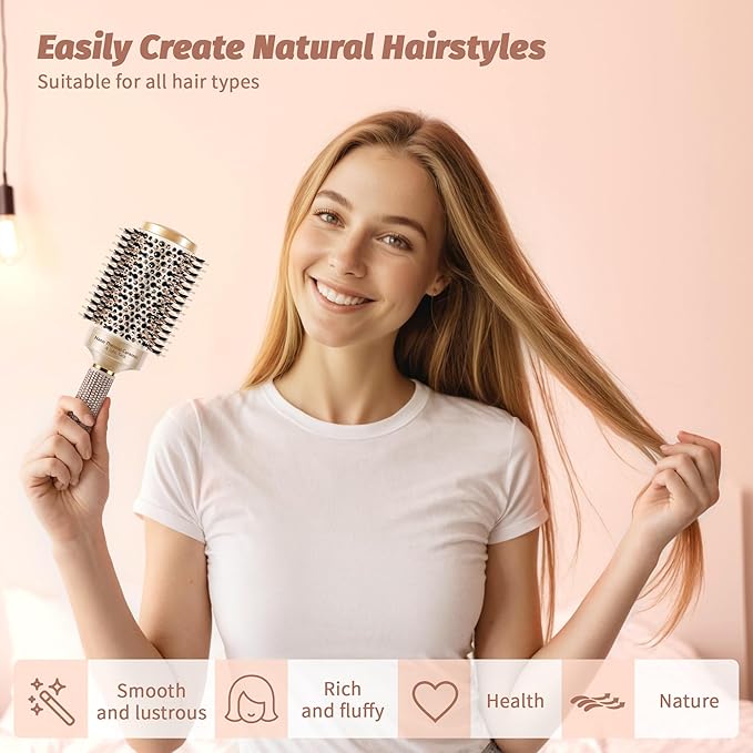 Round Hair Brush for Blow Out, Nano Thermal Ceramic & Ionic Tech, 1.3 inch Barrel, Boar Bristles, Roller Brush for Blow Drying and Styling, Includes 4 Free Clips, Gold
