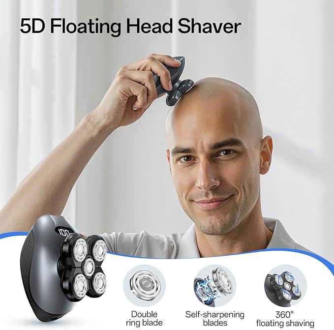 Electric Razor for Men, Head & Body Hair Shaver for Men, Cordless Rechargeable Wet/Dry Bald Head & Groin Waterproof Razor with Rotary Blades,Clippers, Beard Trimmer,Nose Trimmer, Brush (Gray)