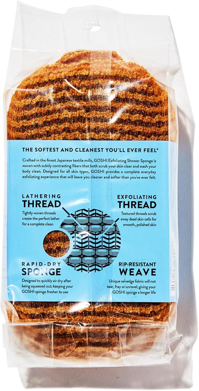 GOSHI Exfoliating Shower Sponge - Rip-Resistant, Rapid-Drying Exfoliating Bath Sponge for All Skin Types - Marigold Yellow - Made in Japan