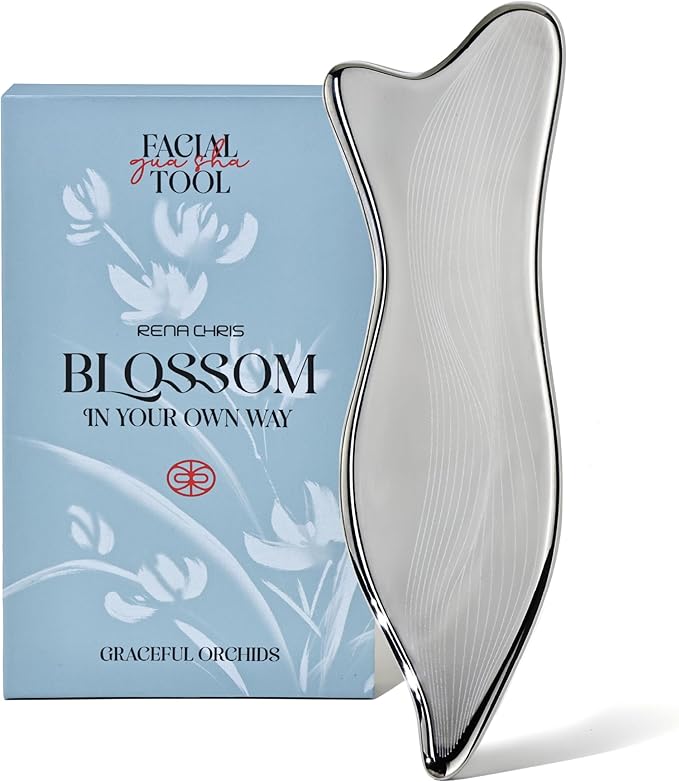 Rena Chris Stainless Steel Gua Sha Facial Tools - Acupressure & Gua Sha for Face Massage, Jawline Sculpting, Puffiness Reduction, Skin Care Tool (Silver)