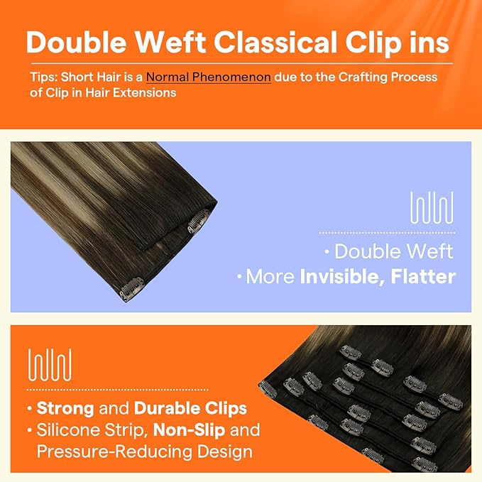 Full Shine Human Hair Clip in Extensions 20 Inch Balayage Dark Brown to Caramel Blonde Human Hair Extensions Clip ins for Women 7 Pcs 120 G