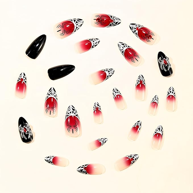 24 Pcs Goth Almond Press on Nails Halloween Fake Nails Black Red Gradient False Nails with Red Diamond Spider Web 3D Spider Design Handmade Nails Ombre Gothic Acrylic Nail Glue on Nail for Women