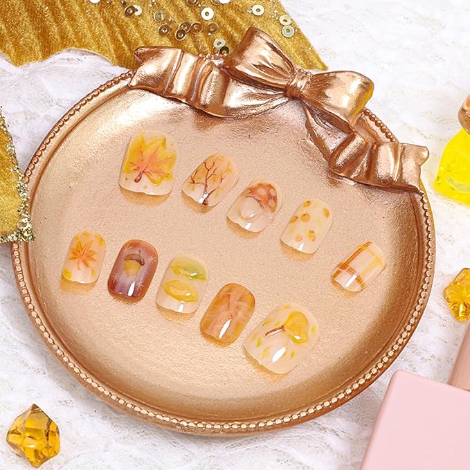 30Pcs Fall Press on Nails Short Square Fake Nails 3D Maple Leaf Glue on Nails Autumn Leaves Pinecone Design Thanksgiving False Nails Fall Artificial Acrylic Nail for Women DIY Holiday Manicure