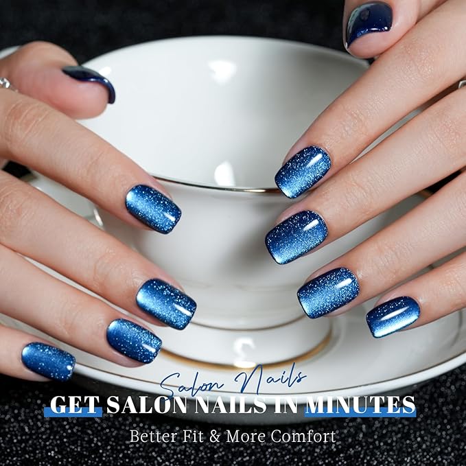 Press on Nails Short Square, Jofay Fashion Blue Cat Eye Press on Nails, Soft Gel Fake Nails, Reusable & Natural Acrylic False Nails, Stick on Nails for Women Girls Gift, Glue on Nails Kit 32 Pcs