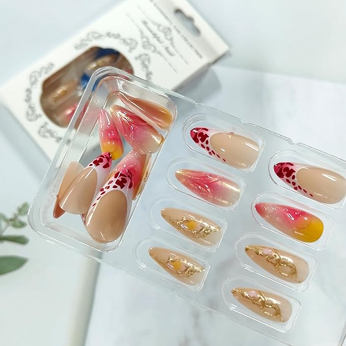 3D Flower Press on Nails Medium Almond Fake Nails French Leopard Print False Nails Full Cover Acrylic Nail Tips Pearlescent Glitter Stick on Nail Artificial Glue on Nail for Women 24Pcs