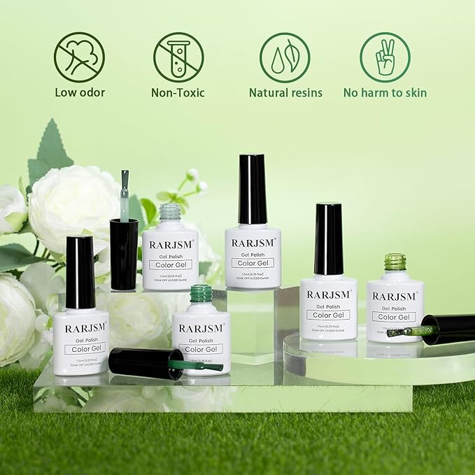 RARJSM Green Jelly Glass Gel Nail Polish Set 6pcs Clear Crytal Army Dark Jade Sage Green Transparent Sheer Amber Series Milky Diamond Cat Eye Gel Varnish LED UV Curing Requires