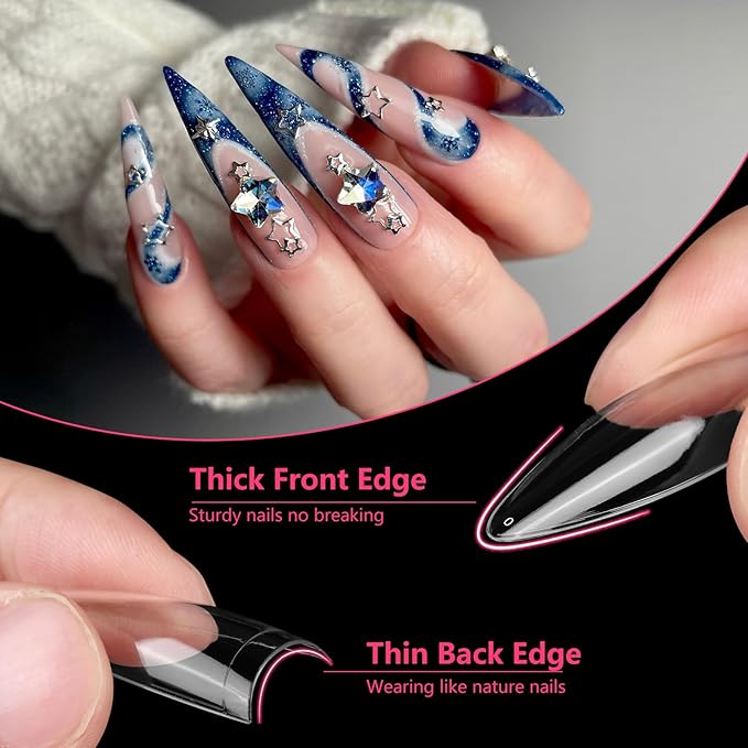 Quaferen XL Stiletto Nail Tips，504PCS No C Curve Tips for Acrylic Nails, Clear Nail Tips Stiletto, Half Cover Almond False Nail Extension for Salons Home DIY 12 Sizes