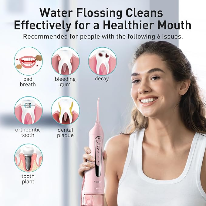 COSLUS Water Dental Flosser Teeth Pick: Portable Cordless Oral Irrigator 300ML Rechargeable Travel Irrigation Cleaner IPX7 Waterproof Electric Flossing Machine for Teeth Cleaning C20(F5020E) Pink