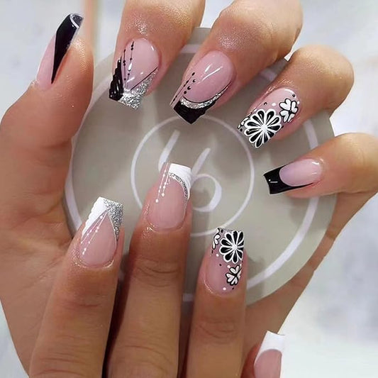 Spring Press on Nails Short Coffin Fake Nails with Flower Designs Black White French Nails Press ons Glossy Glue on Nails Cute Acrylic Nails Nude False Nails Summer Stick on Nails for Women 24Pcs