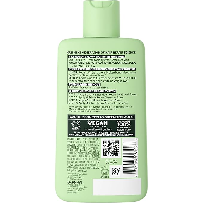 Garnier Fructis Hair Filler Moisture Repair Conditioner, Sulfate Free Conditioner for Curly, Wavy Hair with Hyaluronic Acid, 10.1 Fl Oz, 1 Count