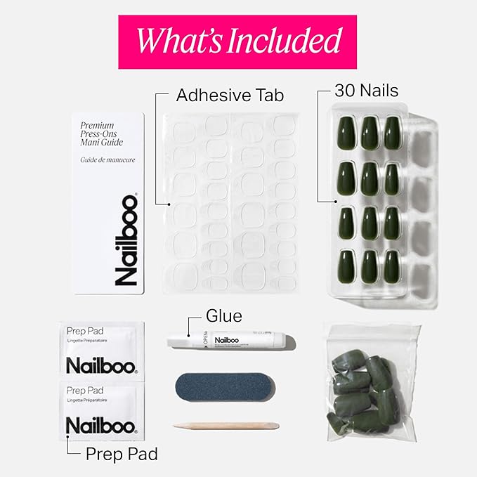 Nailboo Press On Nails, Salon-Quality Reusable Fake Nails for Fast DIY Manicure with Strong Hold Nail Glue for Press Ons, Nail File, & Alcohol Prep Pads, Jade Parade
