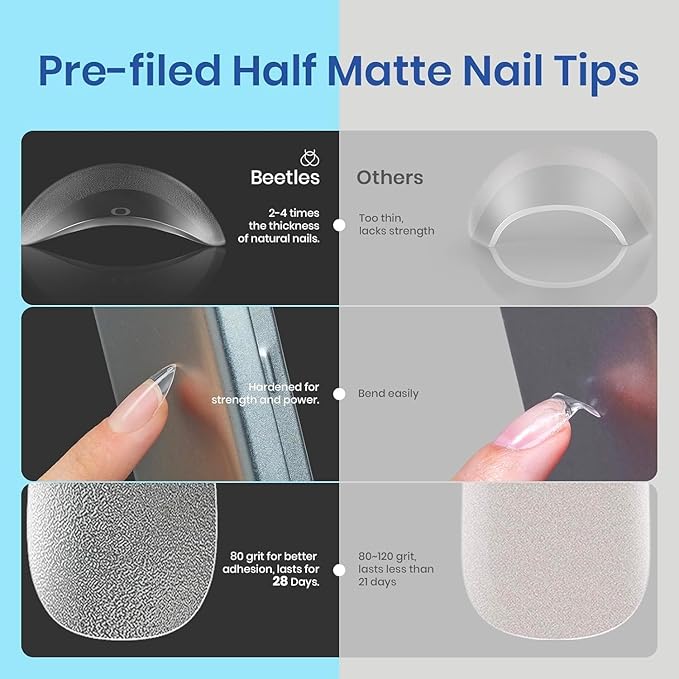 Beetles Gel Nail Kit Amond Shape - 504Pcs Gel Nail Kit Easy Nail Extension Set Etch X Nail Tips Short Medium Almond Half Matte Nail Tips 9 in 1 Nail Glue Uv Led Nail Gift for Women
