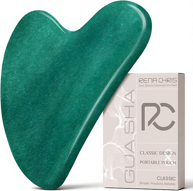 Rena Chris Gua Sha Facial Tools: Natural Jade Stone Guasha Tool for Face Acupuncture Therapy, Facial Massager for Jawline Sculpting and Puffiness Reducing (Green)