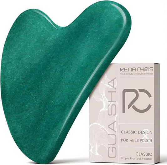 Rena Chris Gua Sha Facial Tools: Natural Jade Stone Guasha Tool for Face Acupuncture Therapy, Facial Massager for Jawline Sculpting and Puffiness Reducing (Green)