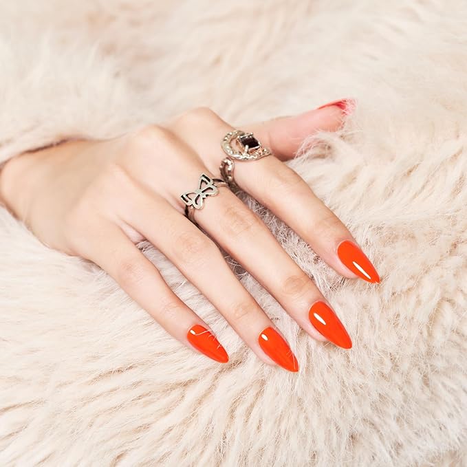 WOOYAS Press on Nails Almond,Bright Orange Medium Stiletto Glossy Handmade Gel False Nails,Reusable Salon Perfect Fake Nail Kit in 12 Sizes - 24 Pcs Soft Gel Glue On Nails Kit for Women