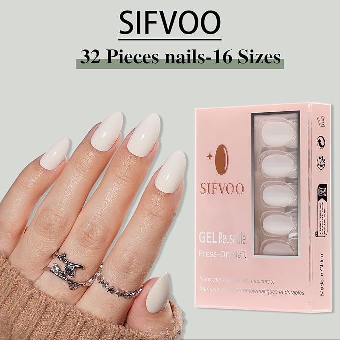 Press on Nails, Short Press on Nails Almond Reusable Glossy White Nails Soft Gel False Nails Press ons for Women, 16 Sizes 32 Count Nails Kit with Glue (SV-06)