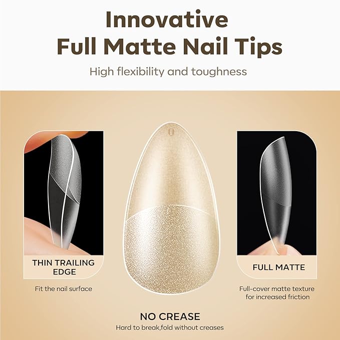 Modelones Medium Almond Nail Tips, 510Pcs Fake Nails Gel Tips Pre-shaped Full Matte Cover False Acrylic Extensions No Filed Stronger Press on Manicure 15 Sizes