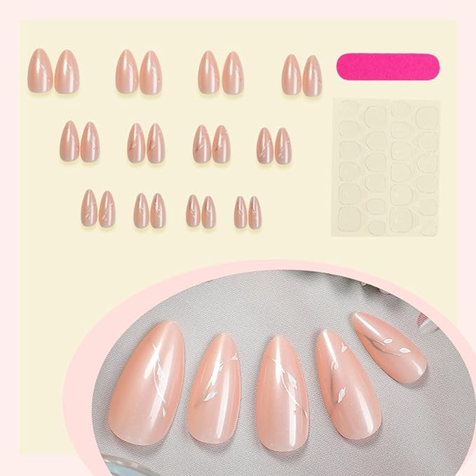 Leaf Press on Nails 24Pcs Gold Leaves Press ons Fingernails Glossy Nude Medium Almond False Nail Simple Gel Glue on Acrylic Fake Nails Curve Line Stick on Nail for Holiday Manicure Art