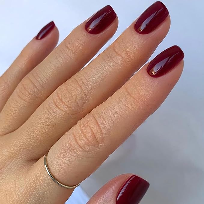 GLAMERMAID Dark Red Press on Nails Extra Short Square, Winter Handmade Jelly Soft Gel on Nails Burgundy Fake Nails, Glossy Red Stick Glue on Nail Reusable Acrylic False Nails Manicure Kits for Women