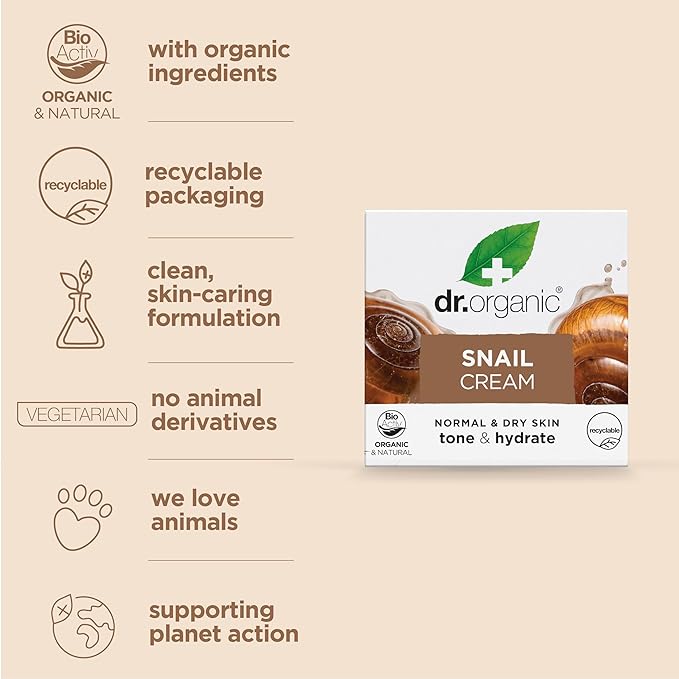 Dr. Organic Snail Gel Face Cream | Rejuvenates and Moisturizes, Improves Skin Tone and Hydration, Natural, Certified Organic, Paraben & SLS-Free, 50 mL / 1.7 fl oz