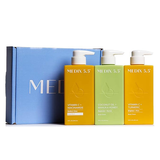 MEDIX Nourish & Glow 3PC Skin Care Set | Citrus Vitamin C Body Wash Cleanser + Brightening Vitamin C Cream + Coconut Body Lotion Moisturizer Gift Box | Anti Aging Skin Care Products | Gifts For Women