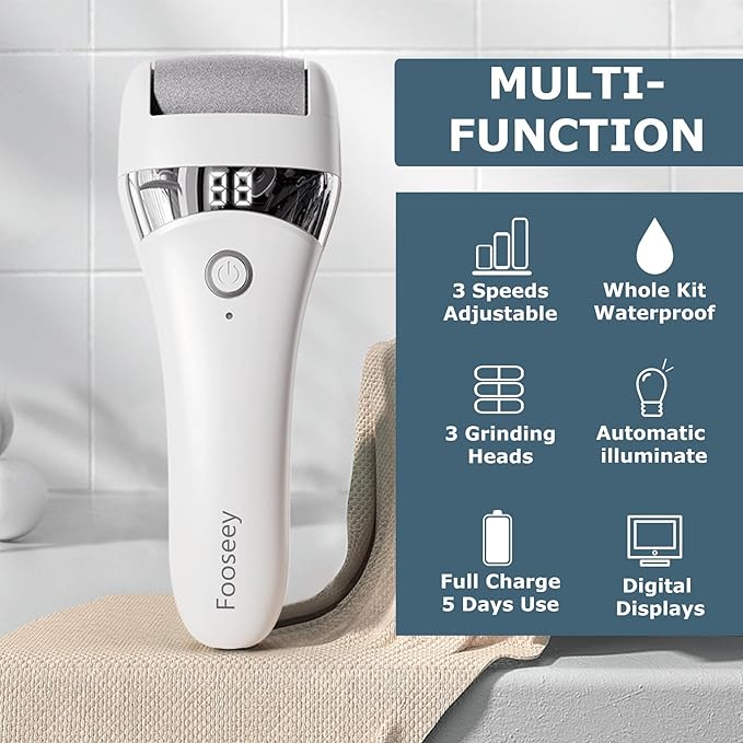Upgraded Electric Foot Callues Remover, Portable Electric Foot Files with 3 Heads, Rechargeable Feet File for Foot Care, Waterproof Deadskin Remover, Pedicure Tool for Dry and Crack Feet