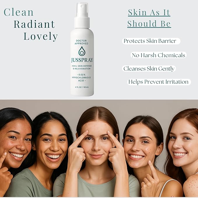 JusSpray™ Hypochlorous Acid (HOCl) Spray – Doctor Approved Skin Defense Mist 4 oz – Face & Body Toner for Sensitive, Acne & Eczema-Prone Skin, Redness Relief & Piercing Aftercare