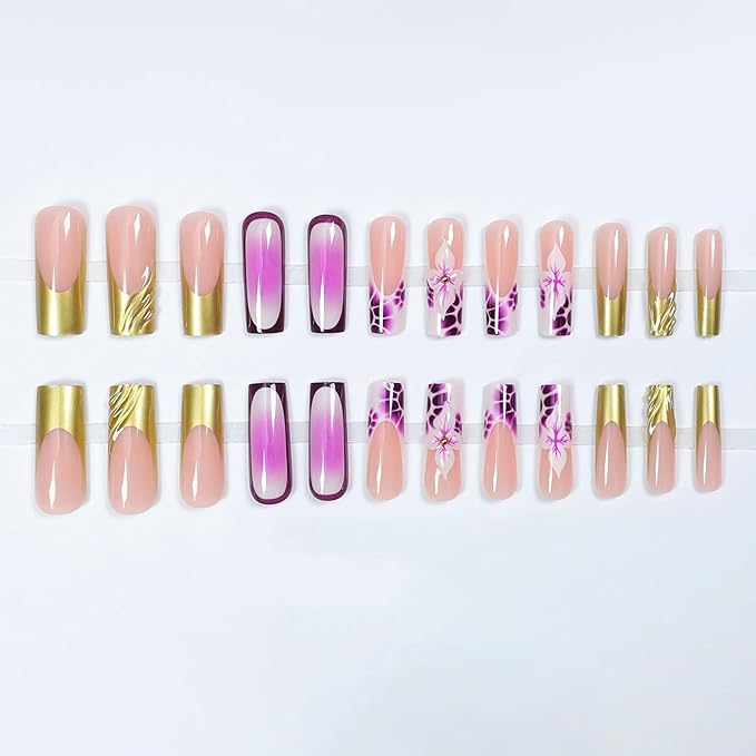 BABALAL Long Press on Acrylic Nails Square Fake Nails Purple Ombre Lavender French Tip Glue on Gold Chrome 3D Design 24Pcs Squoval Handmade Diy Full Cover Nails for Women Girls
