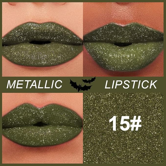 Kaely Dark Green Glitter Metallic Lipstick, Shimmer Metallic Lipsticks for Women, High Pigmented Lip Gloss Long Lasting Waterproof Smudge Proof 24 Hour, Halloween Makeup, Vegan & Cruelty-Free, 15