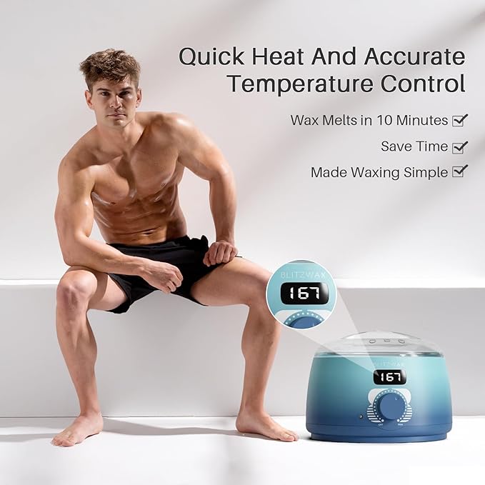 BLITZWAX Back and Nose Waxing Kit for Men, Hard Wax Warmer for Brazilian, Body and Face, At Home Hair Removal Kit, Beginner Friendly, Quick Heating, 93 Accessories, Blue Waves