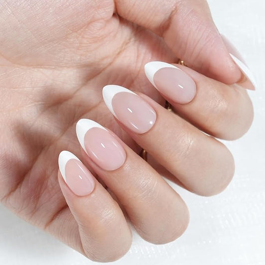 French Tip Press on Nails Almond, Jofay Fashion Soft Gel Fake Nails, Classic French Manicure Nails, Reusable & Natural Acrylic False Nails, Stick on Nails for Women Girls Gift, Glue on Nails Kit 32Pcs