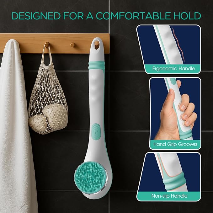 VOYOR Electric Silicone Body Scrubber, Back Scrubber for Shower, Waterproof Long Handle Body Brush, Rechargeable Power Bath Brush for Cleansing, Exfoliating, Massaging Skin BC100 (Blue)