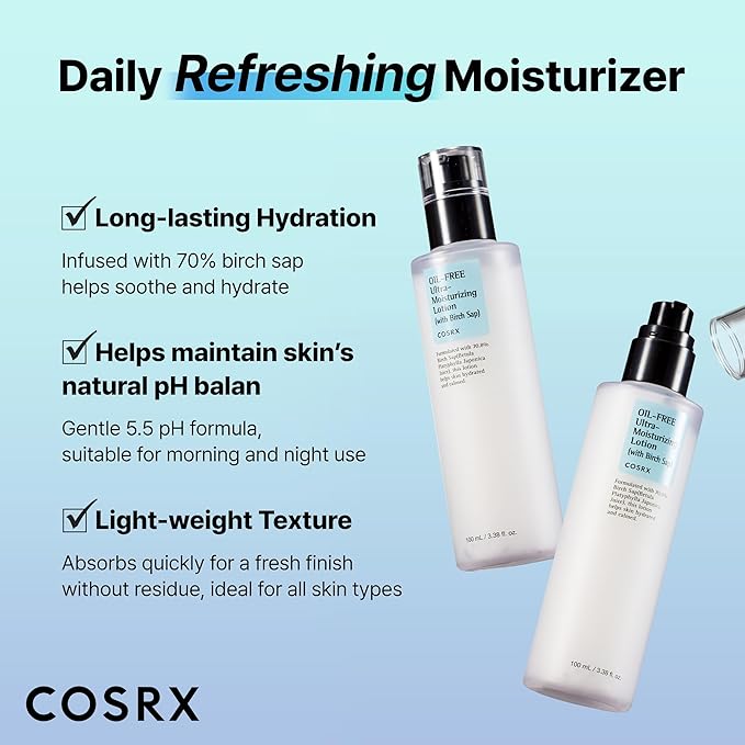 COSRX Oil Free Lotion with Birch Sap, Daily Acne Facial Moisturizer, Hydrating Moisturizer for All Skin Types, Korean Skin Care, Paraben free, Stocking Stuffers, Gifts For Women3.38 fl.oz / 100ml