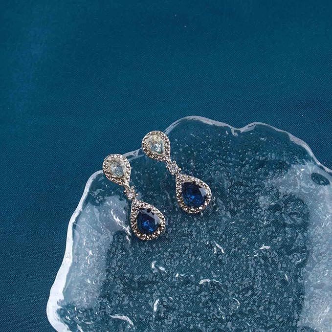 Vintage Sapphire Drop Earrings Oval Sapphire Crystal Earrings Silver Teardrop Rhinestone Stud Earrings Blue Crystal Wedding Earrings Jewelry for Women and Girls Gifts