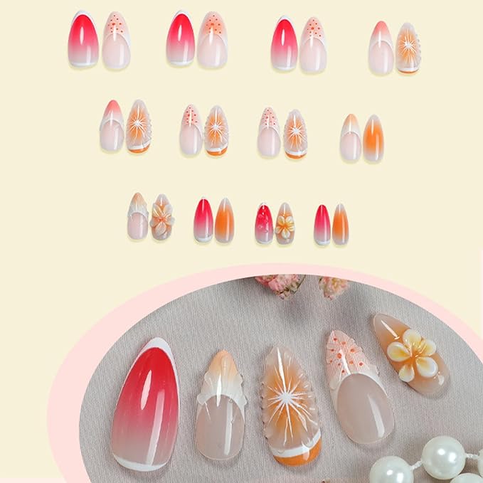IMRAIN Orange Press on Nails Medium Almond Fake Nails 3D Orange & Flower False Nails with Designs Summer Acrylic Nail Supplies Full Cover Glossy French Glue on Nails for Women Manicure 24Pcs